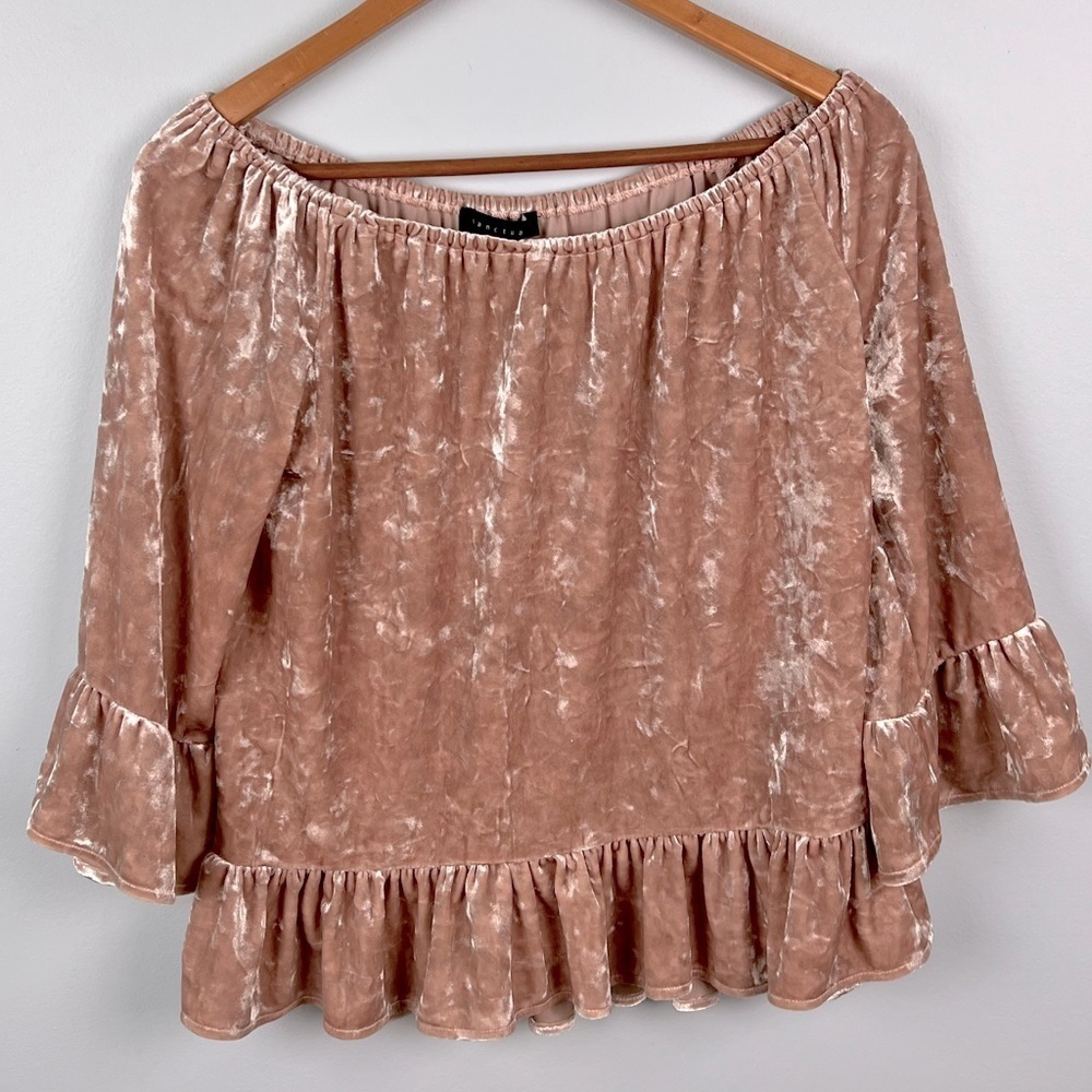 Sanctuary off shoulder bell sleeve pink crushed velvet top size small